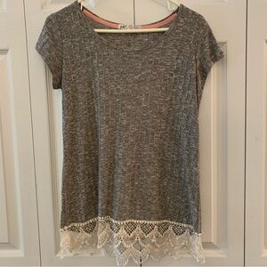 Jolt Charcoal Cap Sleeve Knit Top with Lace Hem Size M
